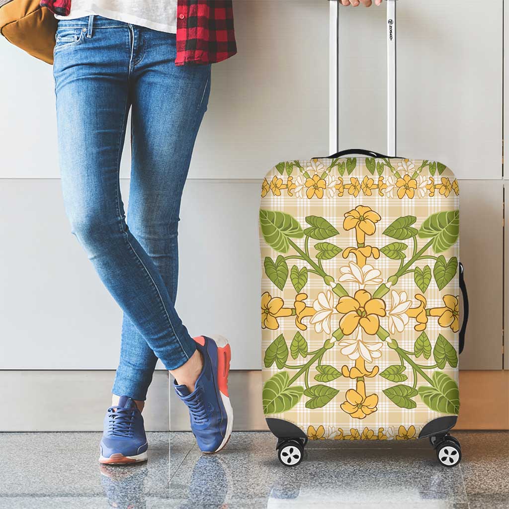 Squares Puakenikeni and Kalo Luggage Cover Beige Palaka Hawaiian Quilt Pattern - Polynesian Pride
