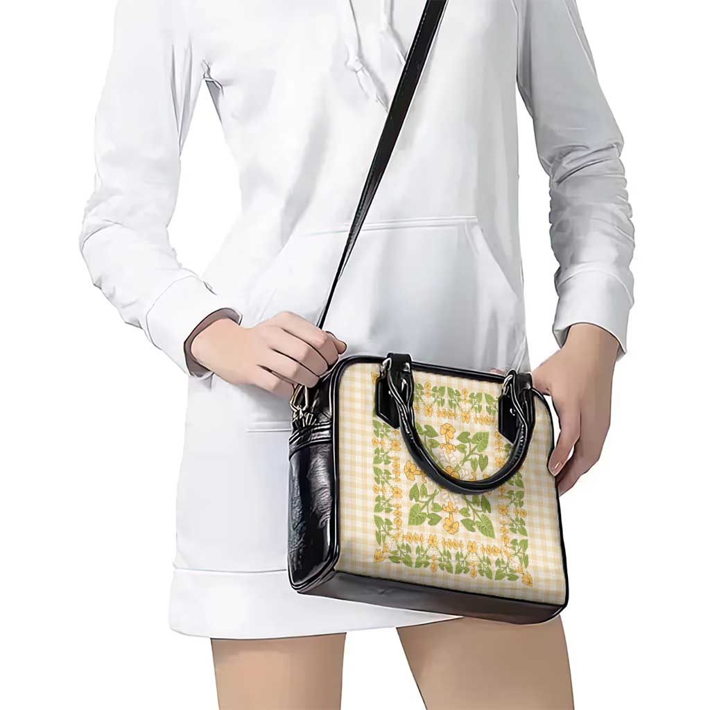 Squares Puakenikeni and Kalo Shoulder Handbag Beige Palaka Hawaiian Quilt Pattern - Polynesian Pride