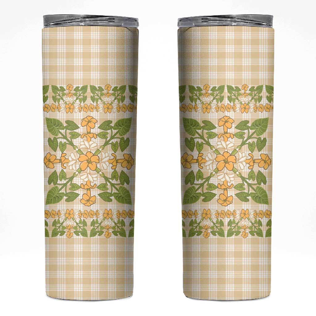 Squares Puakenikeni and Kalo Skinny Tumbler Beige Palaka Hawaiian Quilt Pattern LT9 Beige - Polynesian Pride