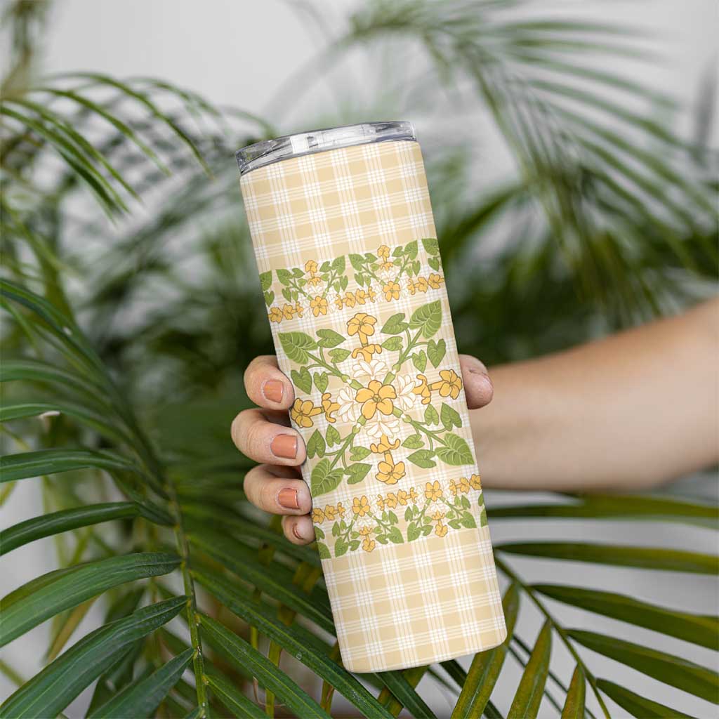 Squares Puakenikeni and Kalo Skinny Tumbler Beige Palaka Hawaiian Quilt Pattern LT9 - Polynesian Pride