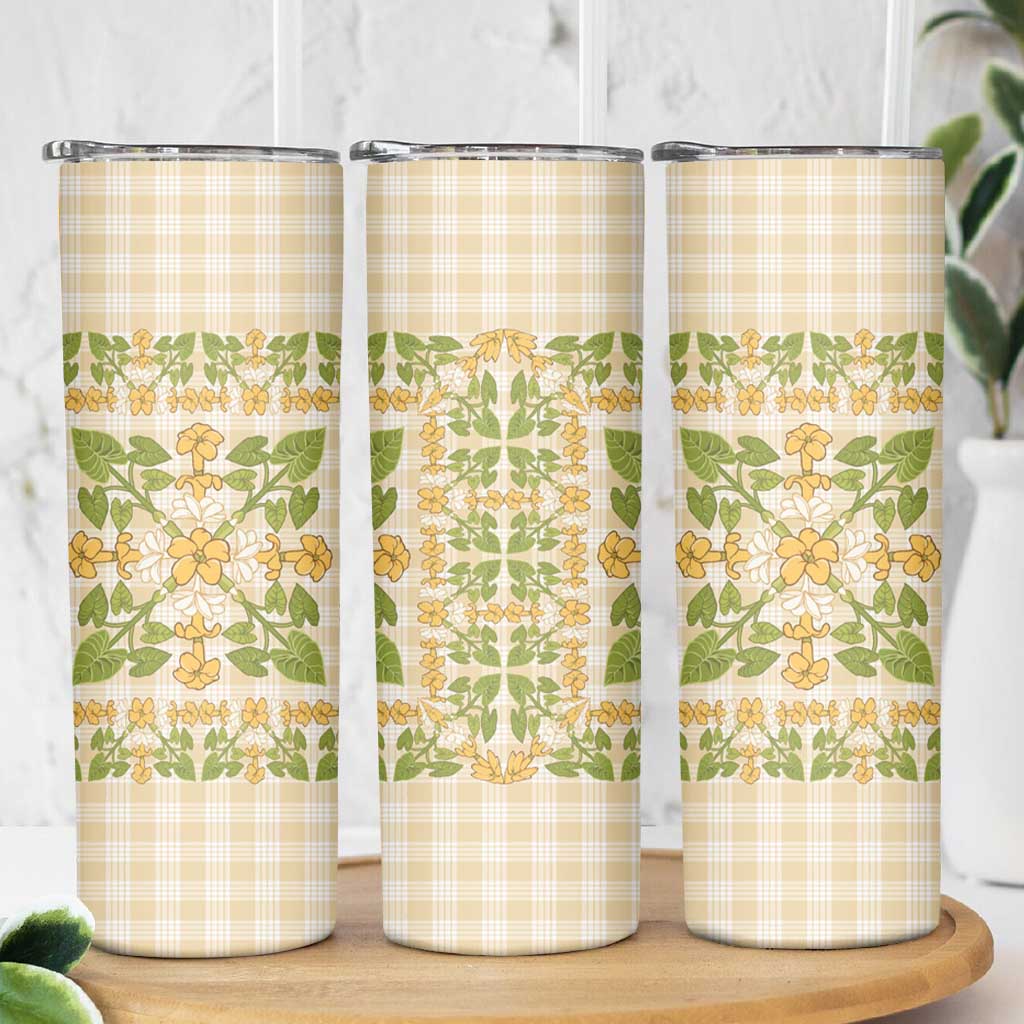 Squares Puakenikeni and Kalo Skinny Tumbler Beige Palaka Hawaiian Quilt Pattern LT9 - Polynesian Pride