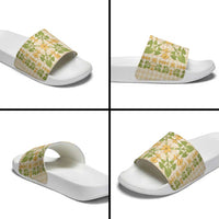 Squares Puakenikeni and Kalo Slide Sandals Beige Palaka Hawaiian Quilt Pattern - Polynesian Pride