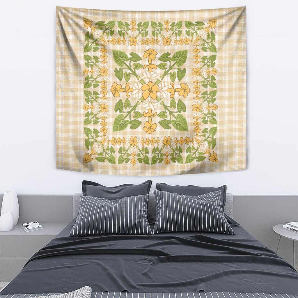 Squares Puakenikeni and Kalo Tapestry Beige Palaka Hawaiian Quilt Pattern - Polynesian Pride