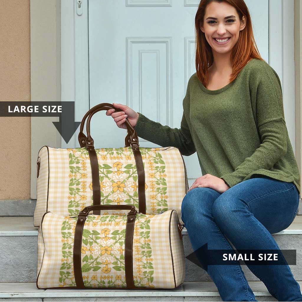 Squares Puakenikeni and Kalo Travel Bag Beige Palaka Hawaiian Quilt Pattern - Polynesian Pride