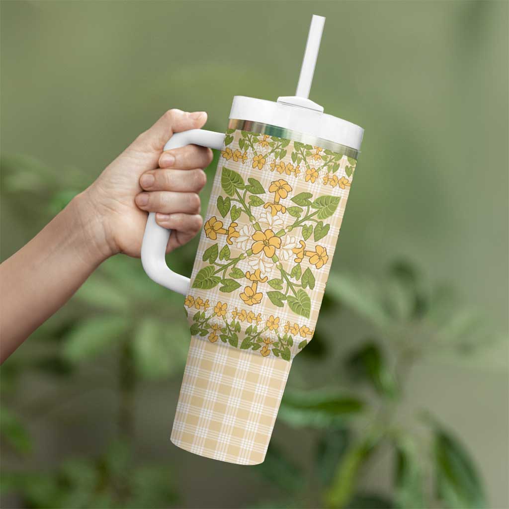 Squares Puakenikeni and Kalo Tumbler With Handle Beige Palaka Hawaiian Quilt Pattern - Polynesian Pride