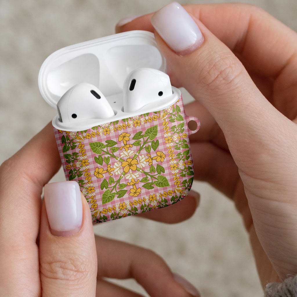 Squares Puakenikeni and Kalo AirPods Case Pink Palaka Hawaiian Quilt Pattern - Polynesian Pride