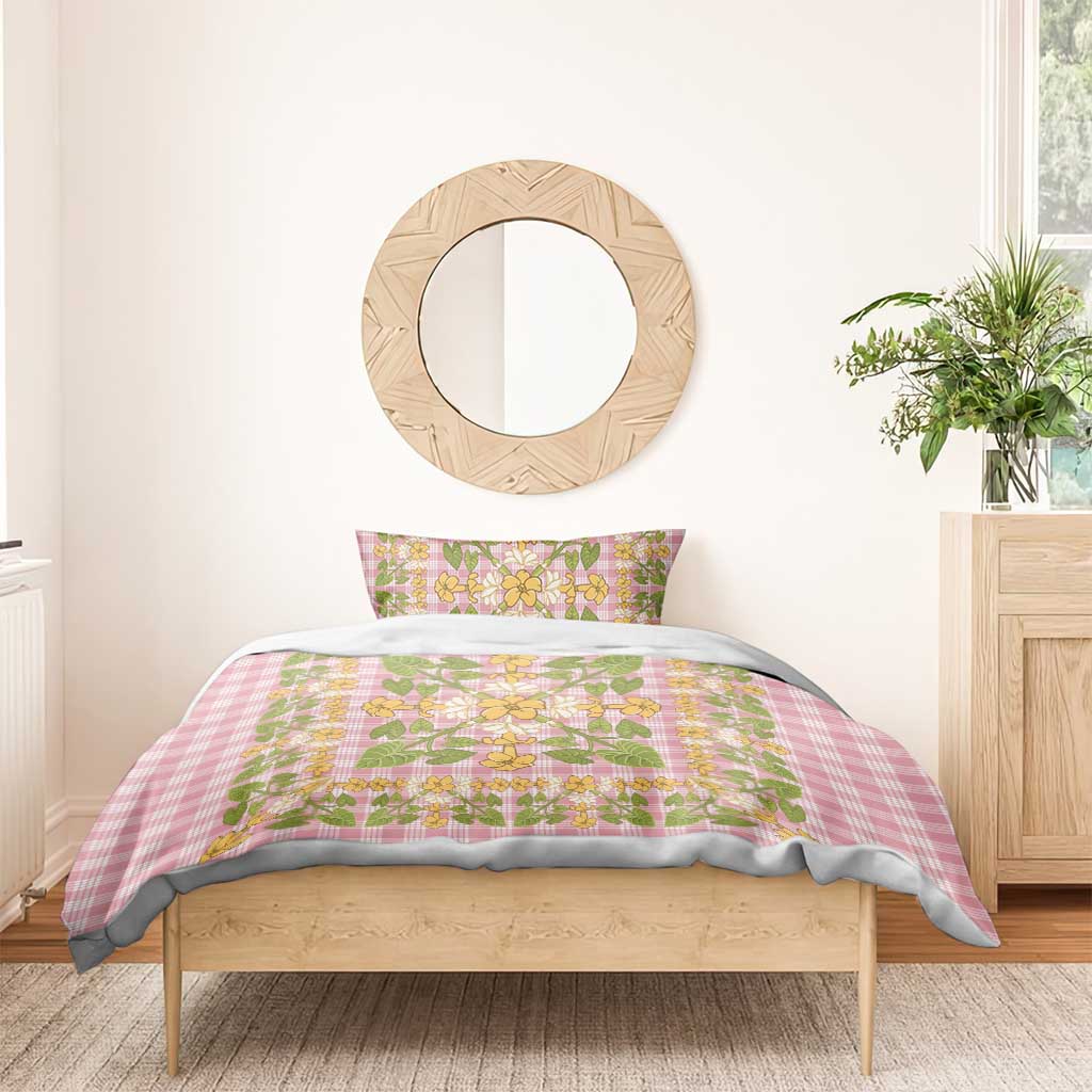Squares Puakenikeni and Kalo Bedding Set Pink Palaka Hawaiian Quilt Pattern - Polynesian Pride