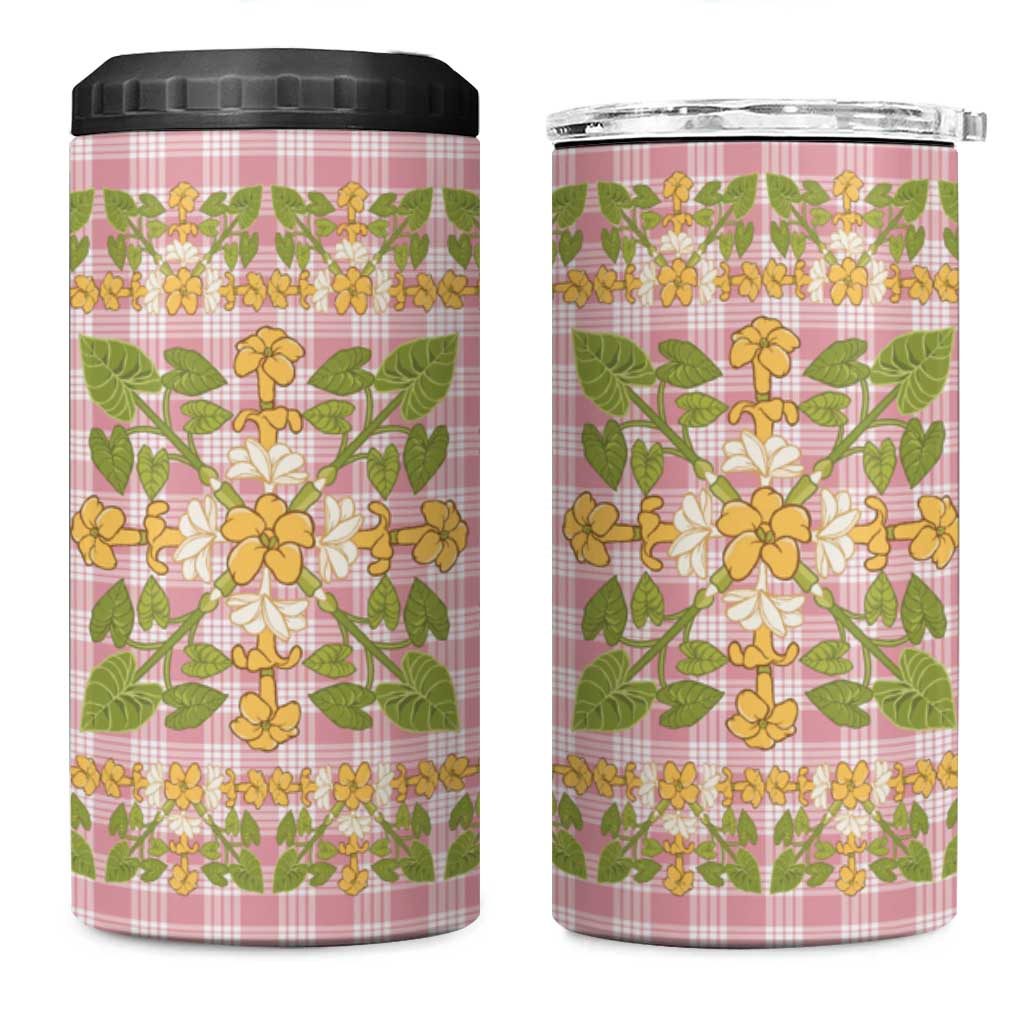 Squares Puakenikeni and Kalo 4 in 1 Can Cooler Tumbler Pink Palaka Hawaiian Quilt Pattern LT9 One Size: 16 oz Pink - Polynesian Pride