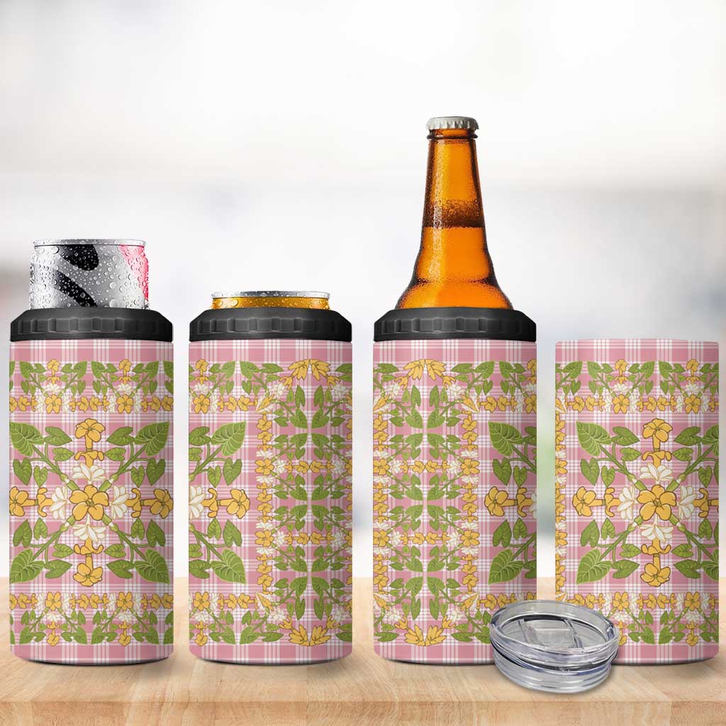 Squares Puakenikeni and Kalo 4 in 1 Can Cooler Tumbler Pink Palaka Hawaiian Quilt Pattern LT9 - Polynesian Pride