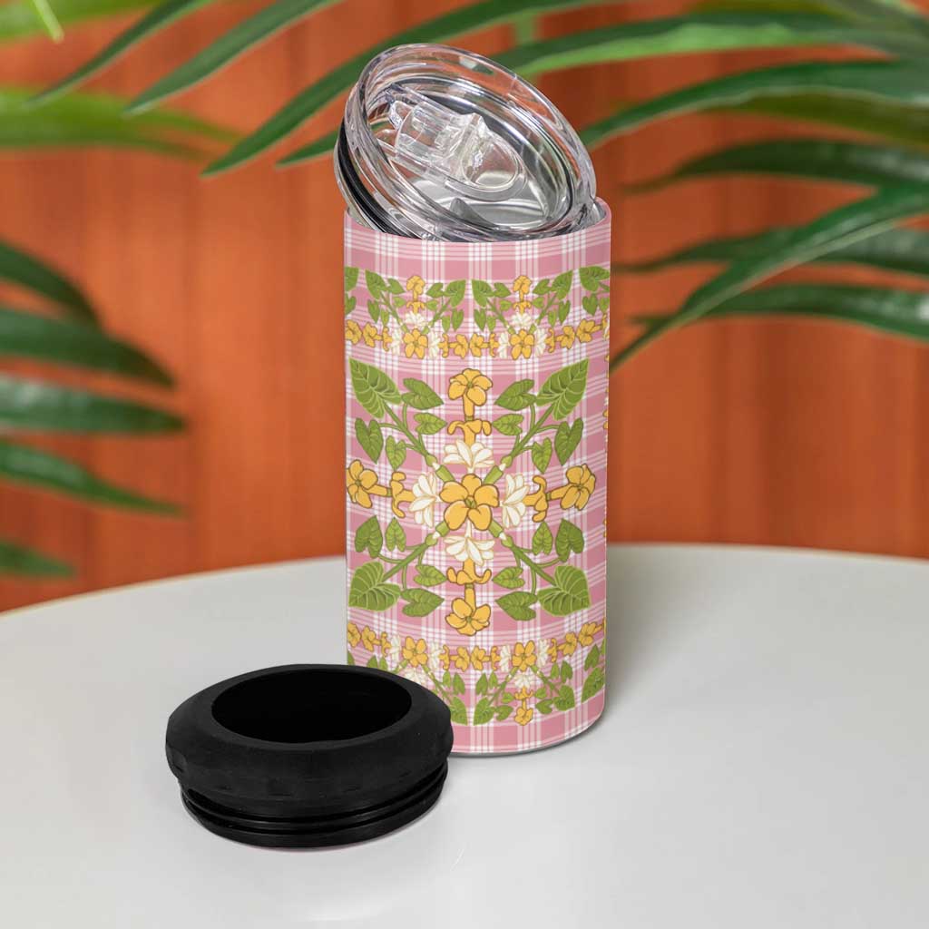 Squares Puakenikeni and Kalo 4 in 1 Can Cooler Tumbler Pink Palaka Hawaiian Quilt Pattern LT9 - Polynesian Pride
