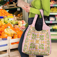 Squares Puakenikeni and Kalo Grocery Bag Pink Palaka Hawaiian Quilt Pattern - Polynesian Pride