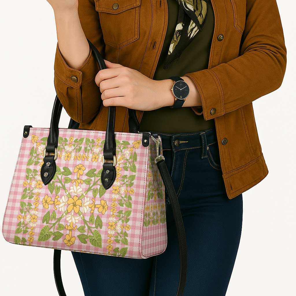 Squares Puakenikeni and Kalo Leather Bag Pink Palaka Hawaiian Quilt Pattern - Polynesian Pride