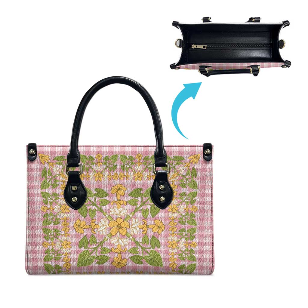 Squares Puakenikeni and Kalo Leather Bag Pink Palaka Hawaiian Quilt Pattern - Polynesian Pride