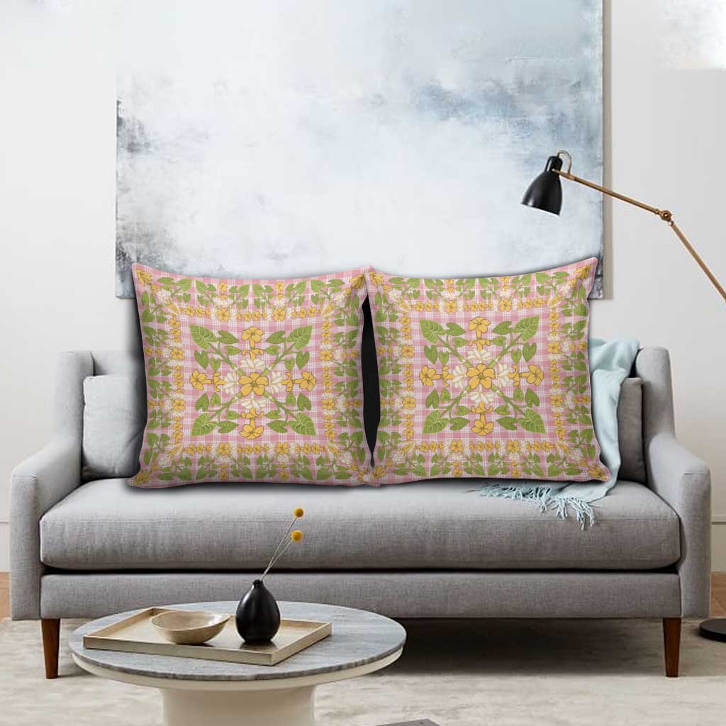 Squares Puakenikeni and Kalo Pillow Cover Pink Palaka Hawaiian Quilt Pattern - Polynesian Pride