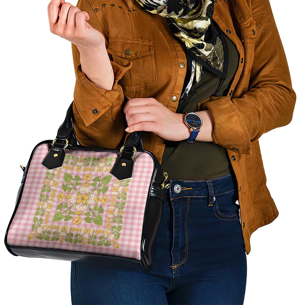 Squares Puakenikeni and Kalo Shoulder Handbag Pink Palaka Hawaiian Quilt Pattern - Polynesian Pride