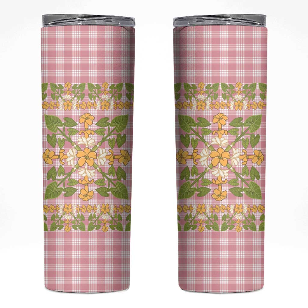Squares Puakenikeni and Kalo Skinny Tumbler Pink Palaka Hawaiian Quilt Pattern LT9 Pink - Polynesian Pride