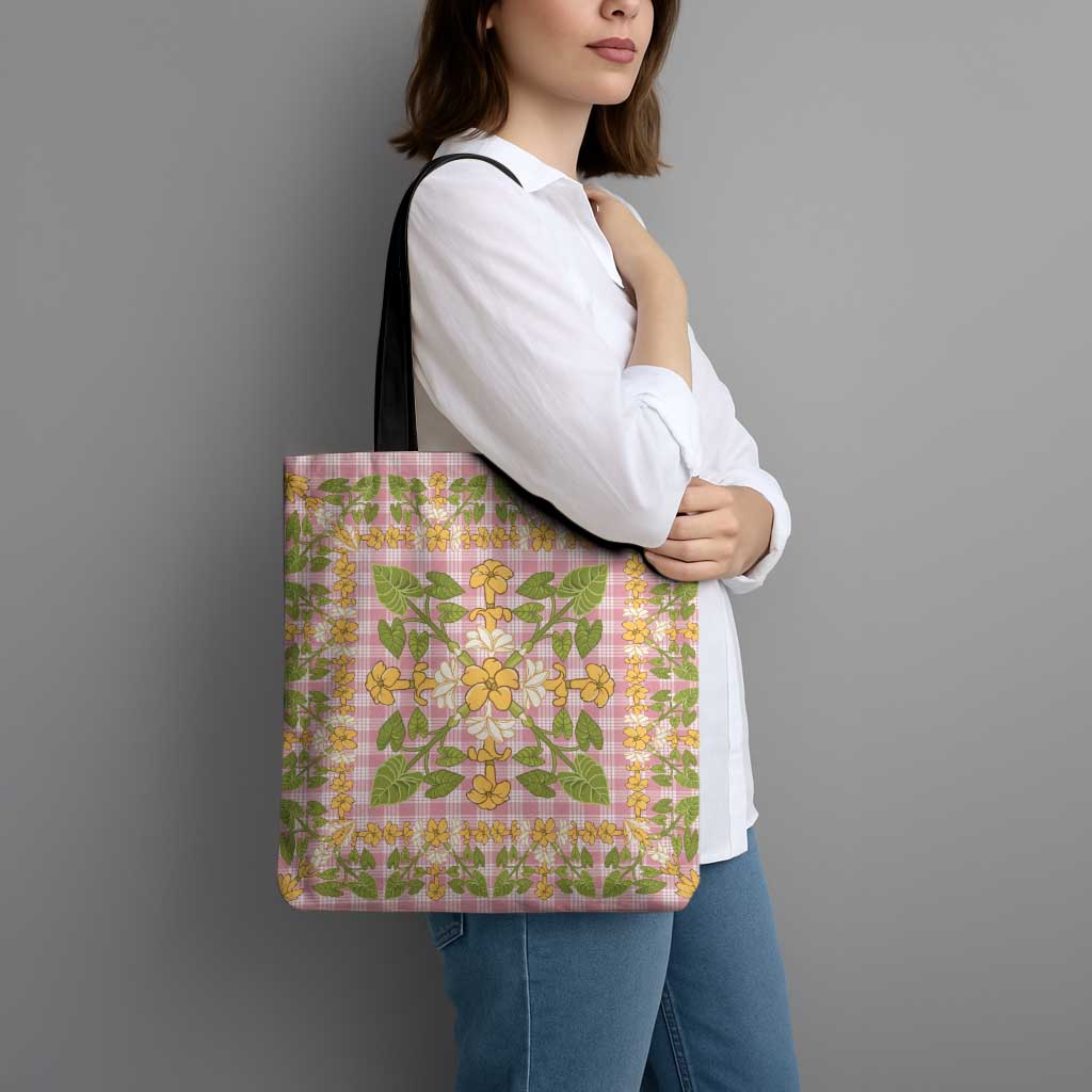 Squares Puakenikeni and Kalo Tote Bag Pink Palaka Hawaiian Quilt Pattern - Polynesian Pride