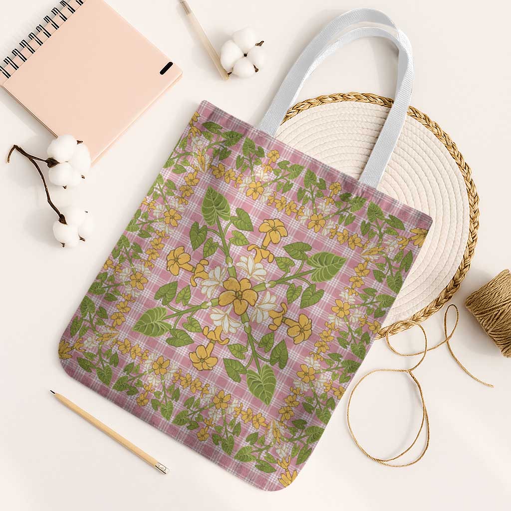 Squares Puakenikeni and Kalo Tote Bag Pink Palaka Hawaiian Quilt Pattern - Polynesian Pride