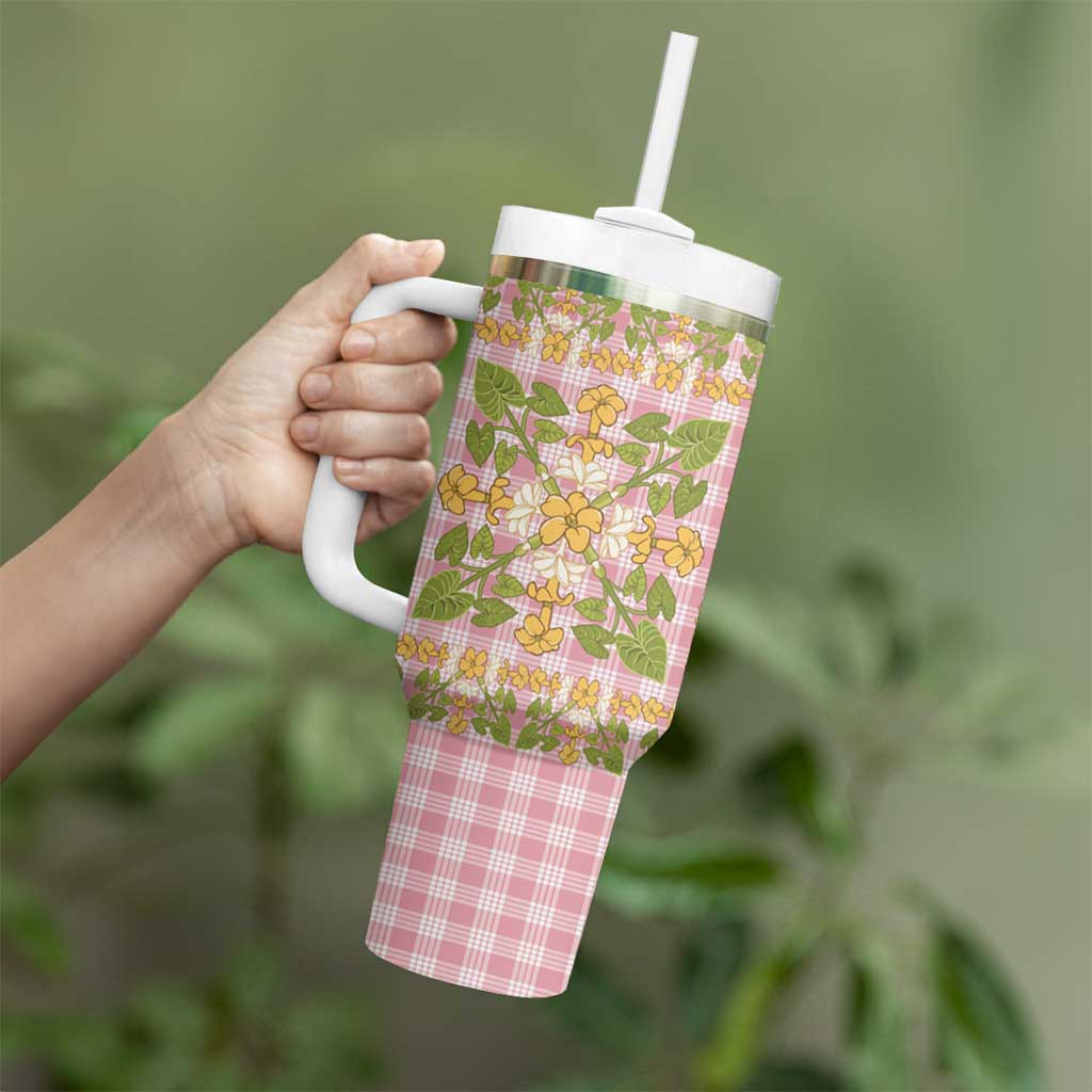 Squares Puakenikeni and Kalo Tumbler With Handle Pink Palaka Hawaiian Quilt Pattern - Polynesian Pride