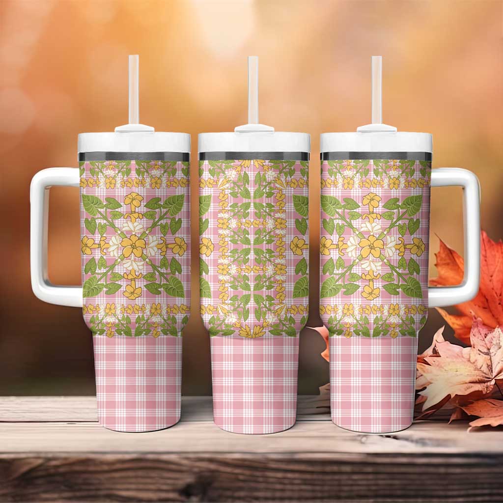 Squares Puakenikeni and Kalo Tumbler With Handle Pink Palaka Hawaiian Quilt Pattern - Polynesian Pride