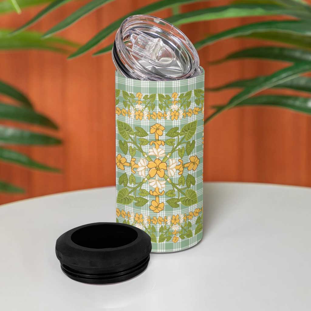 Squares Puakenikeni and Kalo 4 in 1 Can Cooler Tumbler Turquoise Palaka Hawaiian Quilt Pattern LT9 - Polynesian Pride
