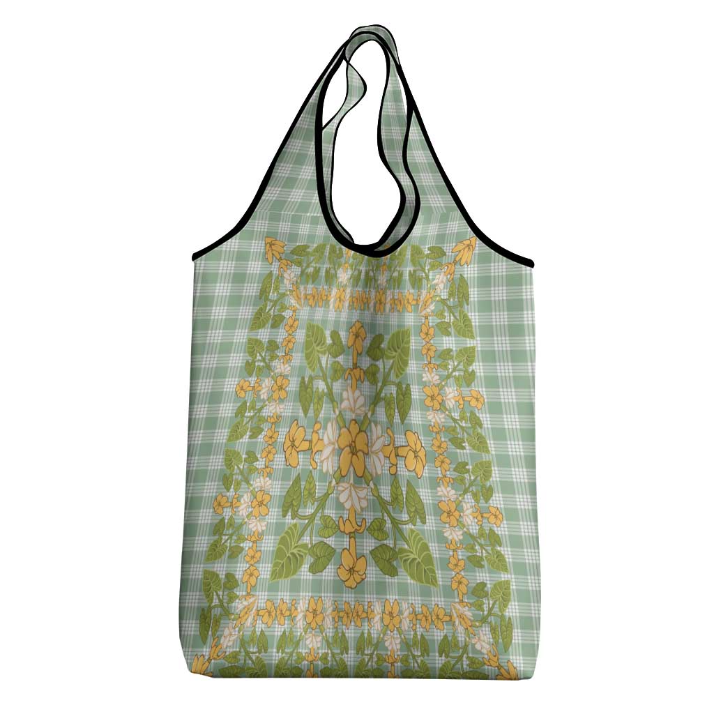 Squares Puakenikeni and Kalo Grocery Bag Turquoise Palaka Hawaiian Quilt Pattern - Polynesian Pride