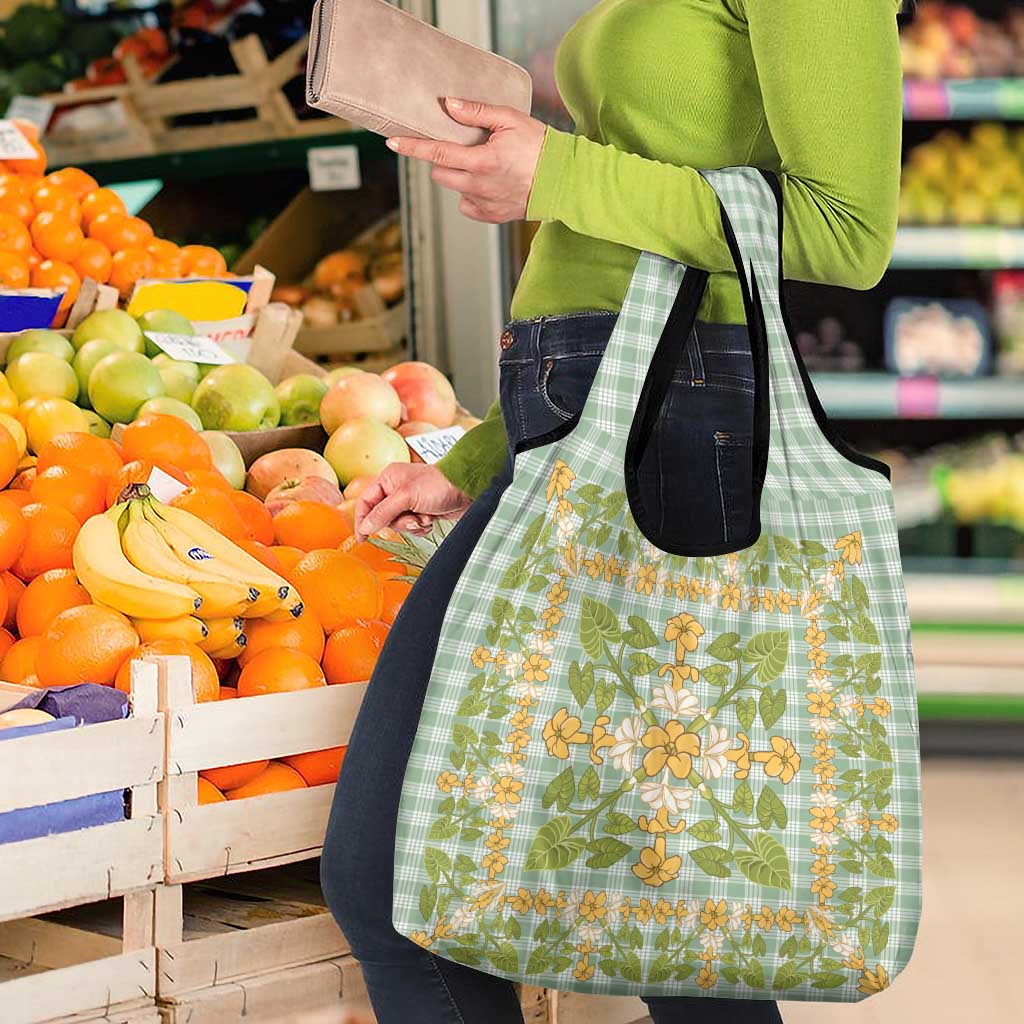 Squares Puakenikeni and Kalo Grocery Bag Turquoise Palaka Hawaiian Quilt Pattern - Polynesian Pride