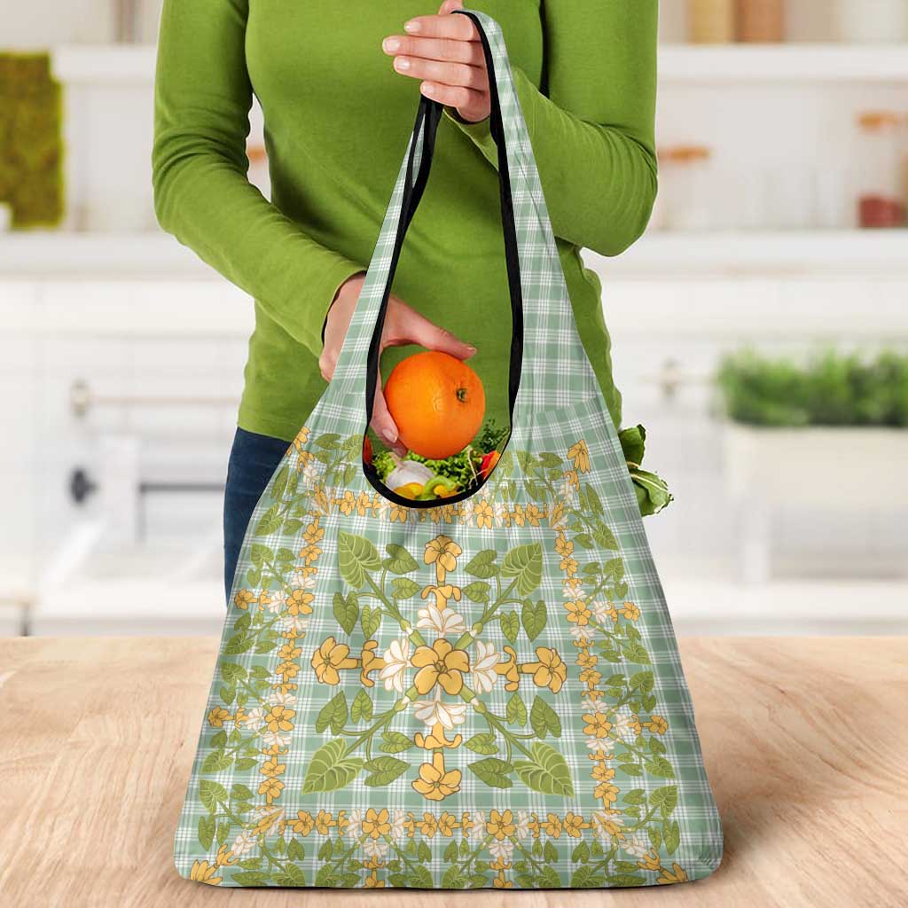 Squares Puakenikeni and Kalo Grocery Bag Turquoise Palaka Hawaiian Quilt Pattern - Polynesian Pride
