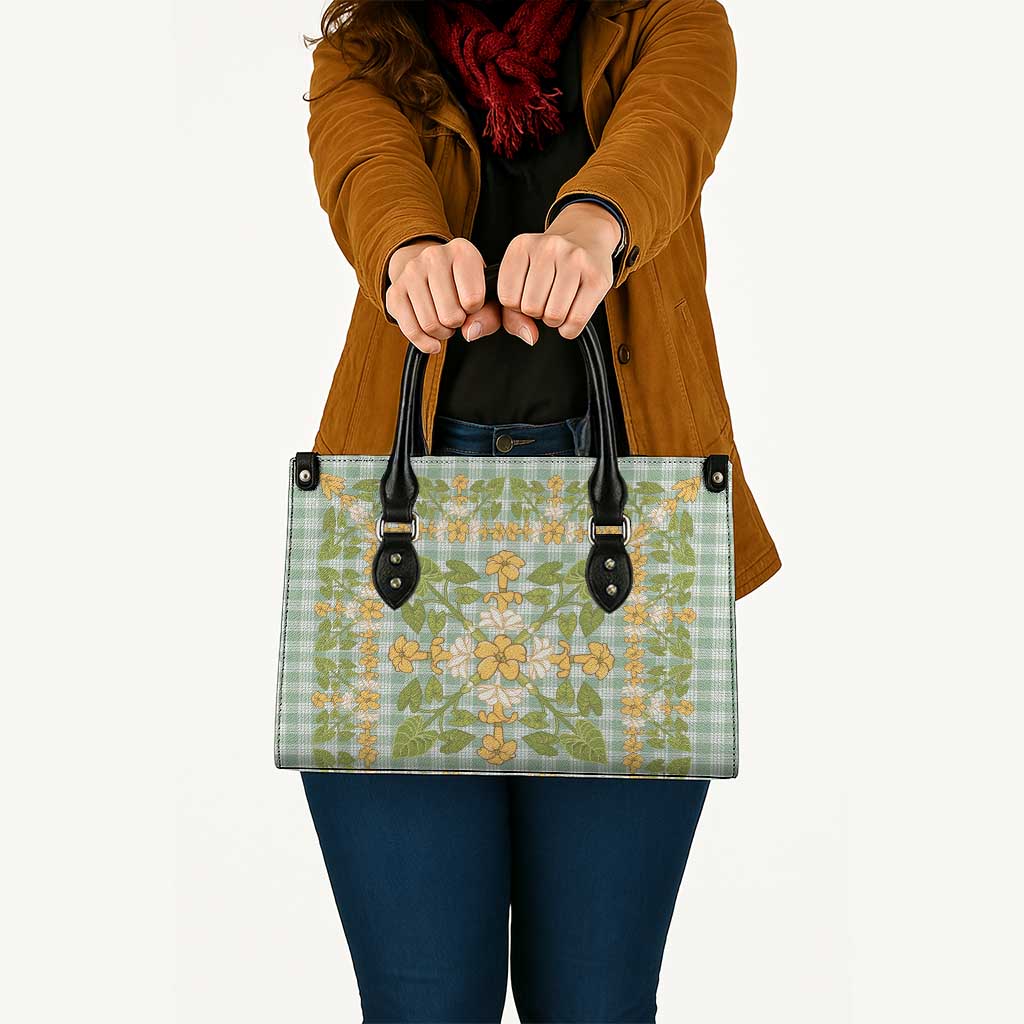 Squares Puakenikeni and Kalo Leather Bag Turquoise Palaka Hawaiian Quilt Pattern - Polynesian Pride