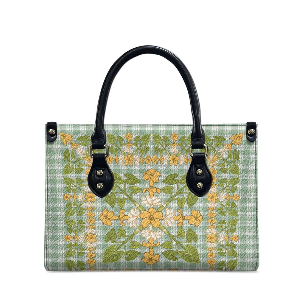 Squares Puakenikeni and Kalo Leather Bag Turquoise Palaka Hawaiian Quilt Pattern - Polynesian Pride