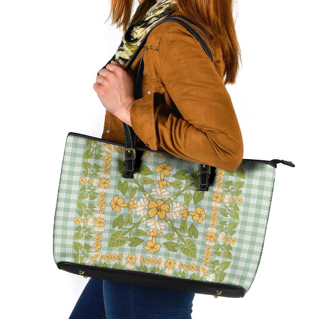 Squares Puakenikeni and Kalo Leather Tote Bag Turquoise Palaka Hawaiian Quilt Pattern - Polynesian Pride