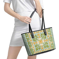 Squares Puakenikeni and Kalo Leather Tote Bag Turquoise Palaka Hawaiian Quilt Pattern - Polynesian Pride