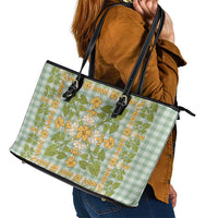 Squares Puakenikeni and Kalo Leather Tote Bag Turquoise Palaka Hawaiian Quilt Pattern - Polynesian Pride