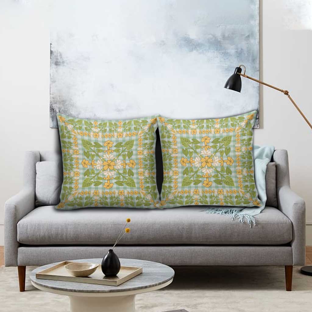Squares Puakenikeni and Kalo Pillow Cover Turquoise Palaka Hawaiian Quilt Pattern - Polynesian Pride