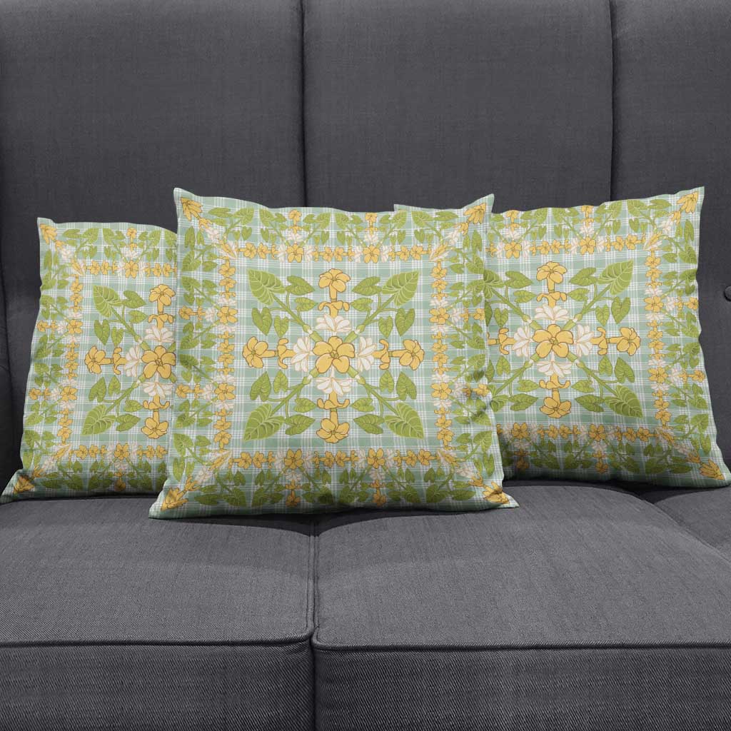 Squares Puakenikeni and Kalo Pillow Cover Turquoise Palaka Hawaiian Quilt Pattern - Polynesian Pride