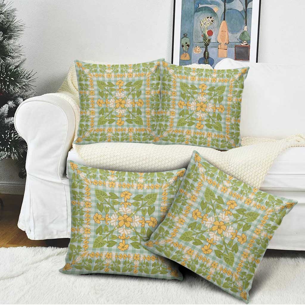 Squares Puakenikeni and Kalo Pillow Cover Turquoise Palaka Hawaiian Quilt Pattern - Polynesian Pride