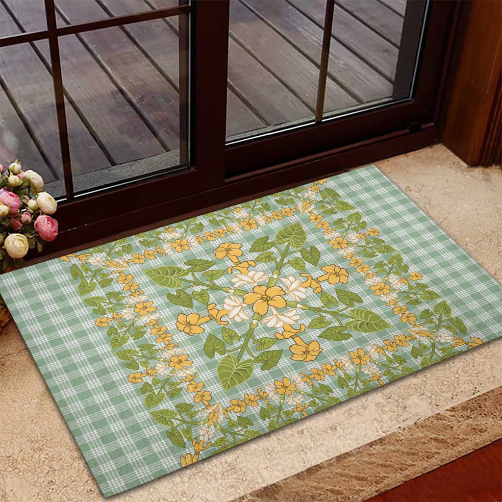 Squares Puakenikeni and Kalo Rubber Doormat Turquoise Palaka Hawaiian Quilt Pattern - Polynesian Pride