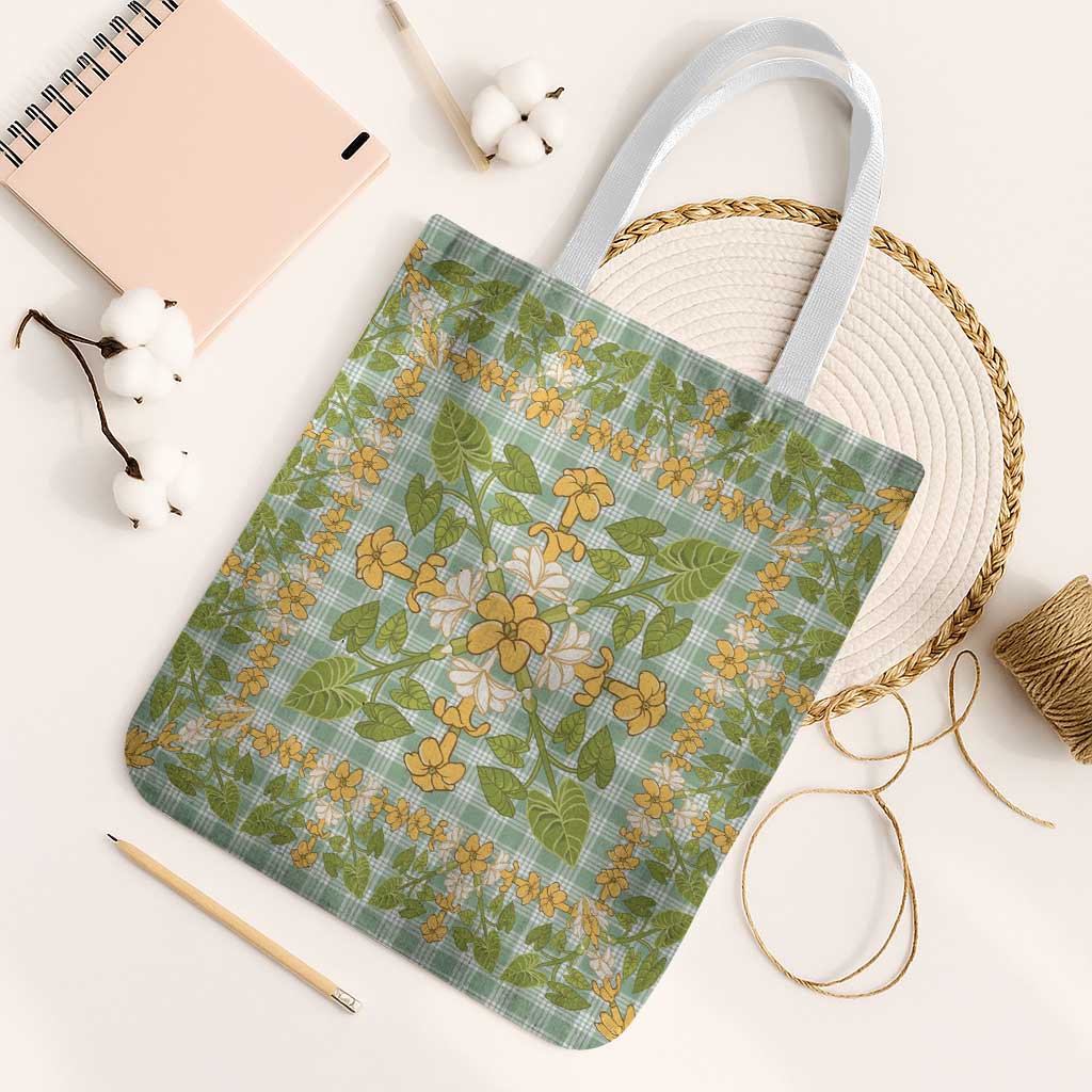Squares Puakenikeni and Kalo Tote Bag Turquoise Palaka Hawaiian Quilt Pattern - Polynesian Pride