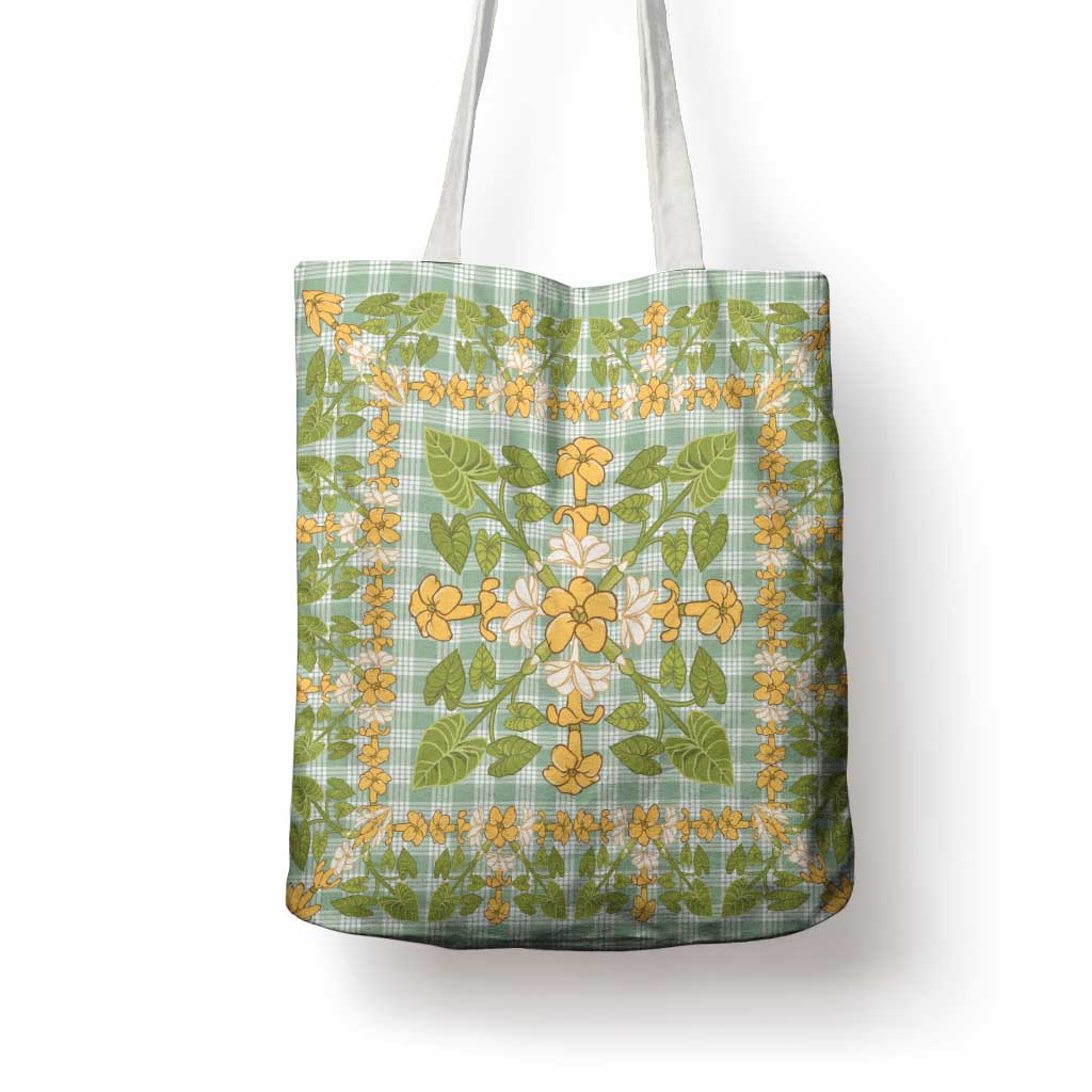 Squares Puakenikeni and Kalo Tote Bag Turquoise Palaka Hawaiian Quilt Pattern - Polynesian Pride