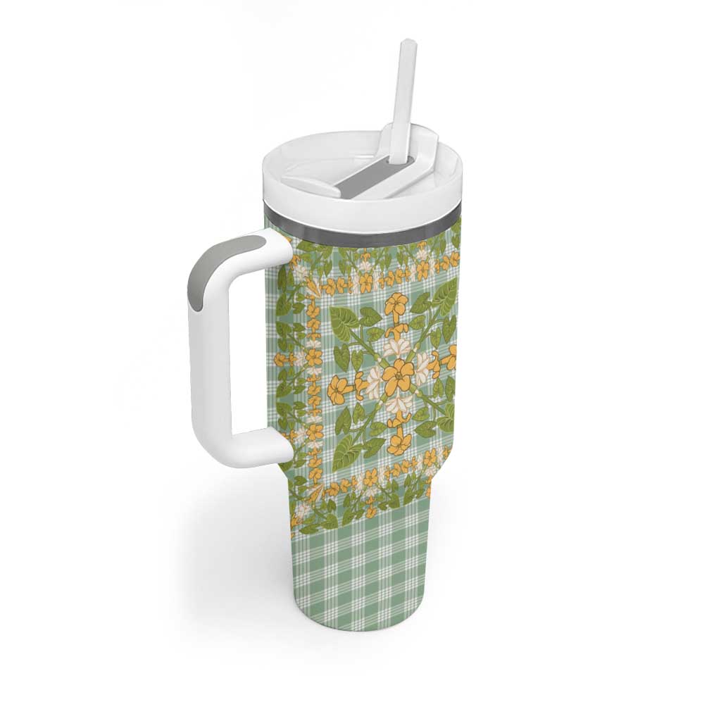 Squares Puakenikeni and Kalo Tumbler With Handle Turquoise Palaka Hawaiian Quilt Pattern - Polynesian Pride