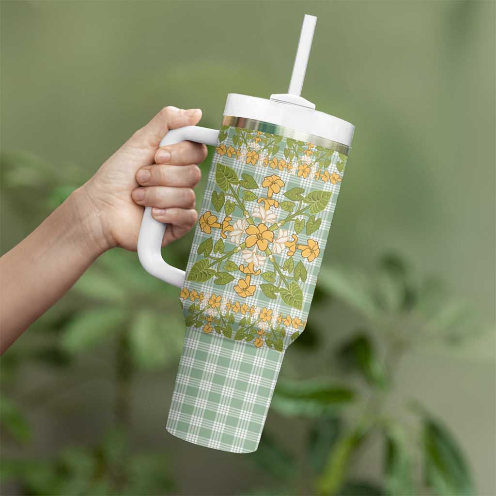 Squares Puakenikeni and Kalo Tumbler With Handle Turquoise Palaka Hawaiian Quilt Pattern - Polynesian Pride