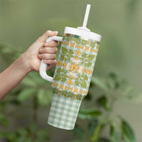 Squares Puakenikeni and Kalo Tumbler With Handle Turquoise Palaka Hawaiian Quilt Pattern - Polynesian Pride