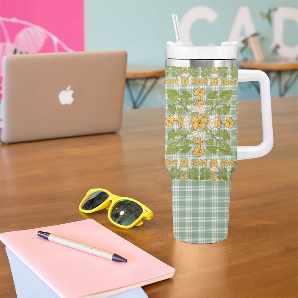 Squares Puakenikeni and Kalo Tumbler With Handle Turquoise Palaka Hawaiian Quilt Pattern - Polynesian Pride