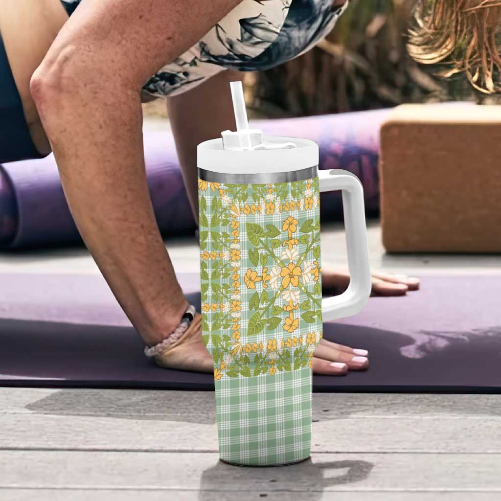 Squares Puakenikeni and Kalo Tumbler With Handle Turquoise Palaka Hawaiian Quilt Pattern - Polynesian Pride