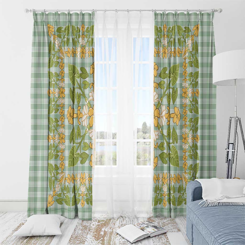 Squares Puakenikeni and Kalo Window Curtain Turquoise Palaka Hawaiian Quilt Pattern - Polynesian Pride
