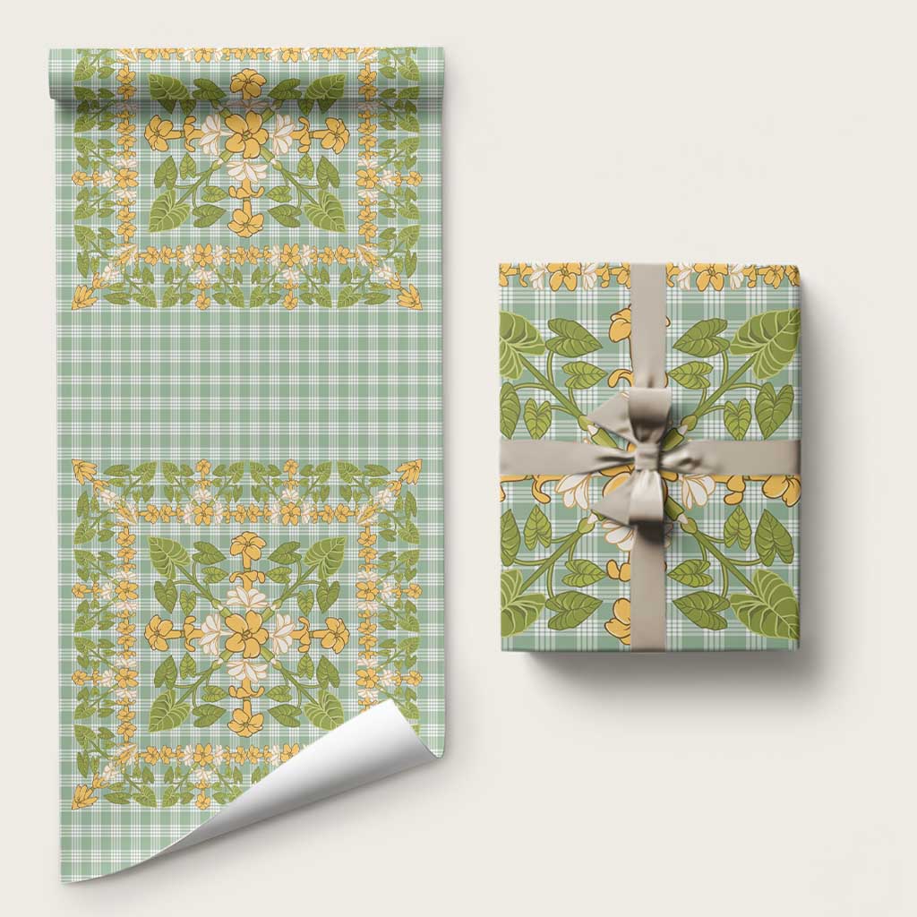 Squares Puakenikeni and Kalo Wrapping Paper Turquoise Palaka Hawaiian Quilt Pattern LT9 58" × 23" Turquoise - Polynesian Pride