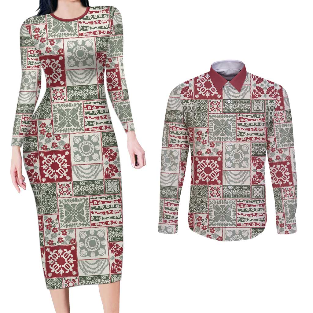 Mele Kalikimaka Hawaii Christmas Couples Matching Long Sleeve Bodycon Dress and Long Sleeve Button Shirt Aloha Spirit with Hawaiian Quilt Pattern LT9 Beige - Polynesian Pride