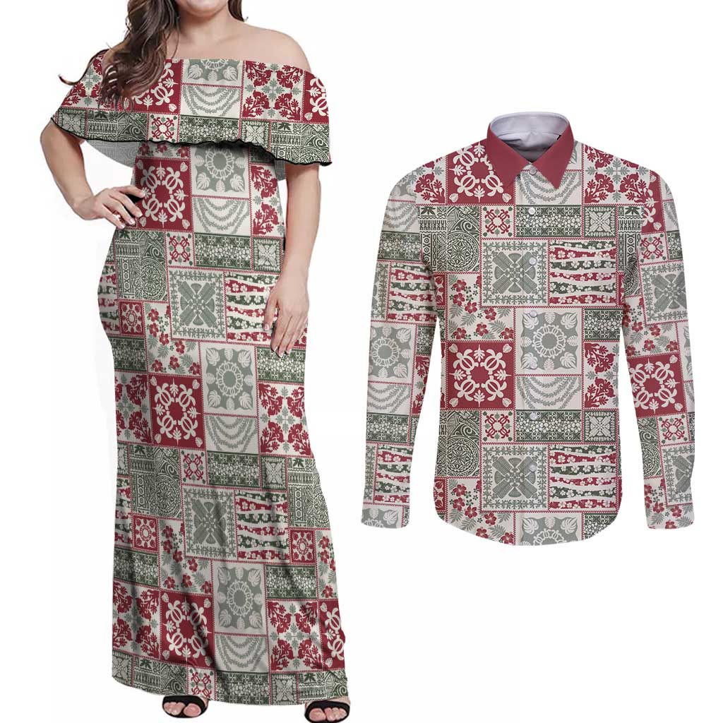 Mele Kalikimaka Hawaii Christmas Couples Matching Off Shoulder Maxi Dress and Long Sleeve Button Shirt Aloha Spirit with Hawaiian Quilt Pattern LT9 Beige - Polynesian Pride