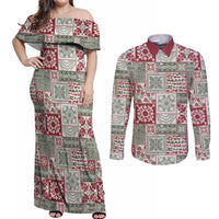 Mele Kalikimaka Hawaii Christmas Couples Matching Off Shoulder Maxi Dress and Long Sleeve Button Shirt Aloha Spirit with Hawaiian Quilt Pattern LT9 Beige - Polynesian Pride