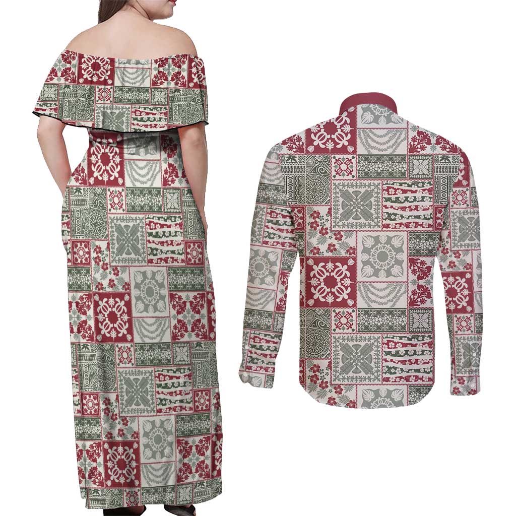 Mele Kalikimaka Hawaii Christmas Couples Matching Off Shoulder Maxi Dress and Long Sleeve Button Shirt Aloha Spirit with Hawaiian Quilt Pattern LT9 - Polynesian Pride
